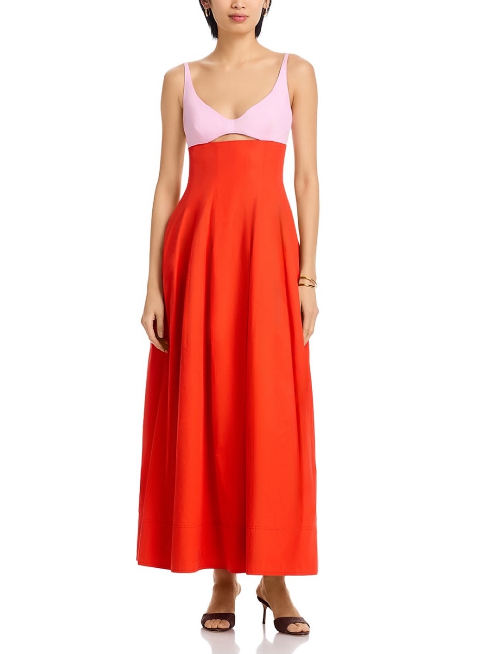 Colorblock Midi Dress with Pink Bodice and Red Skirt